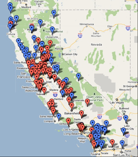La mappa delle card rooms e dei casinò in California california-mappa